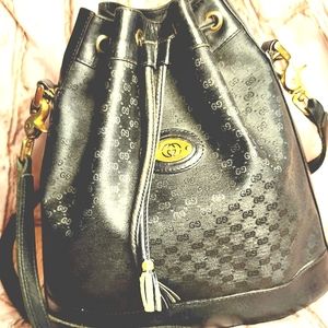 Gucci Vintage Shoulder Bag, Black, Bucket Drawstring Style, Minimalist, Monogram